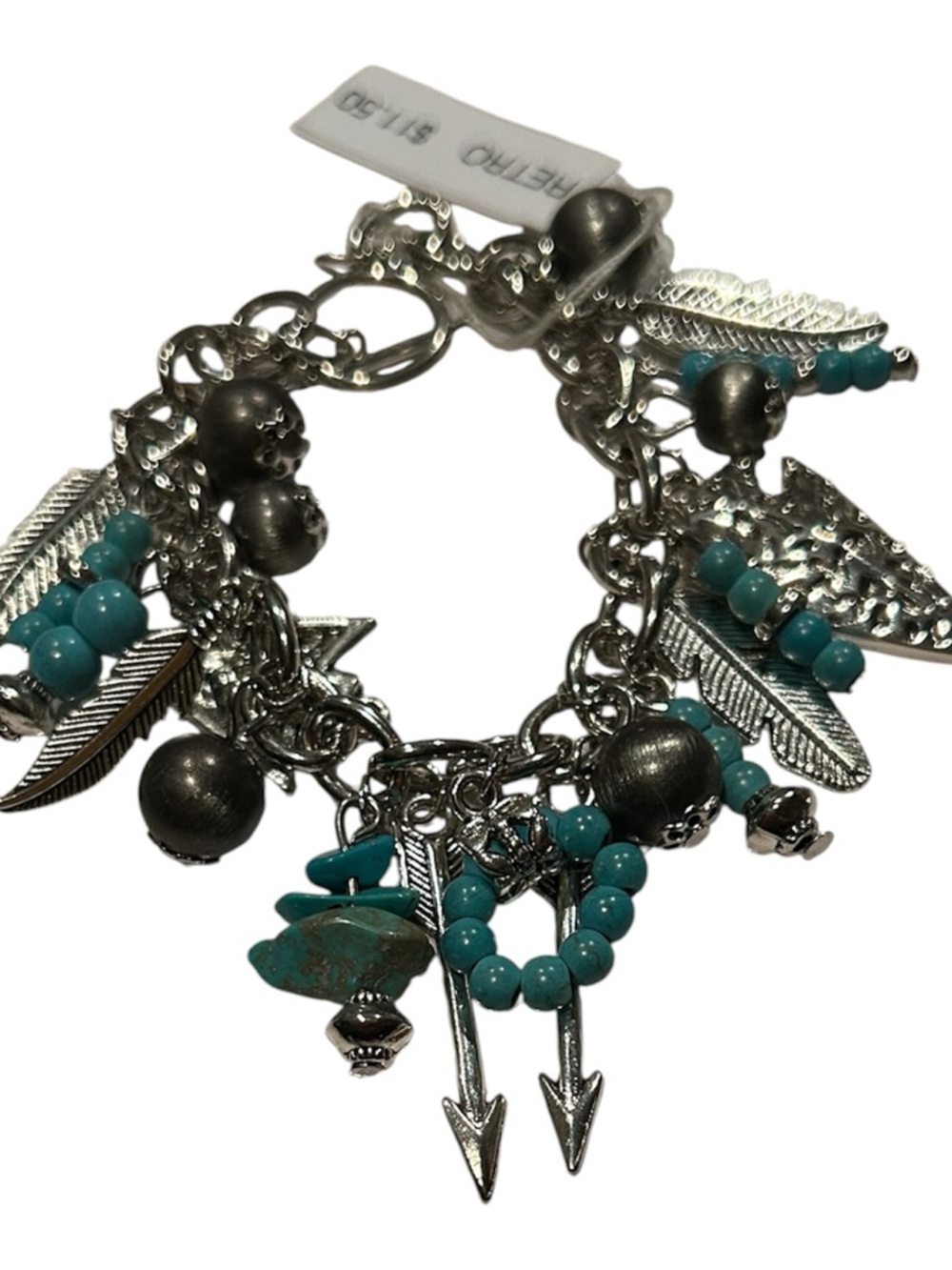 Turquoise Bead and Silver Feather Charm Bracelet - Picture 2 of 2
